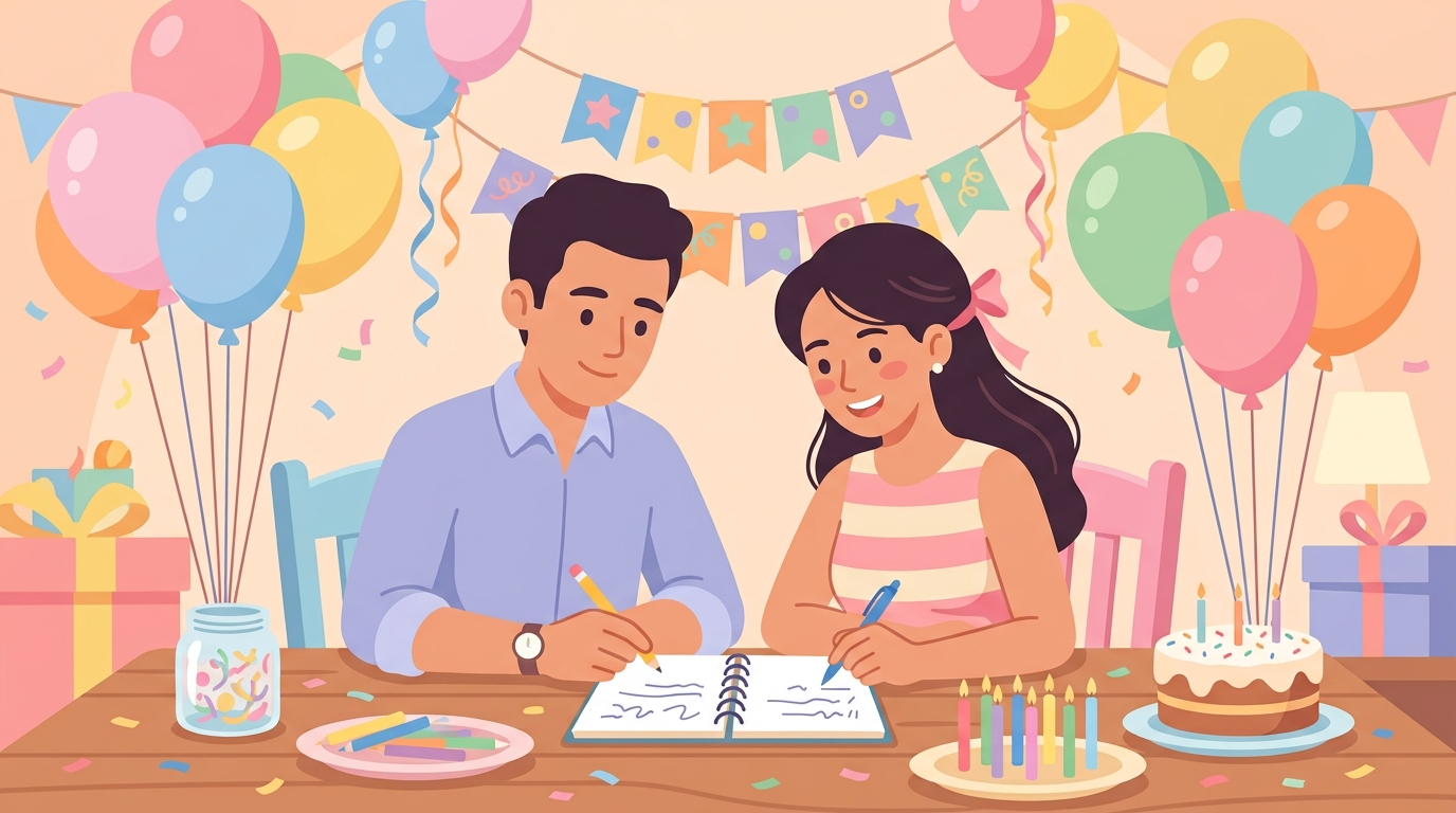 Karim et Yara qui écrivent une liste de courses pour la fête de Sami, entourés de ballons et bougies